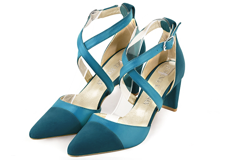 Peacock blue women's open side shoes, with crossed straps. Tapered toe. Medium comma heels - Florence KOOIJMAN